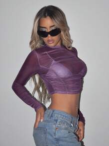 SHEIN ICON Mock Neck Ruched Mesh Perspective Crop Top Without Bra - Purple - View 5