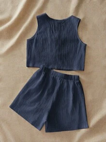 SHEIN VCAY VCAY 度假编织拼布设计方领短袖 A 字裙女士连衣裙美国背心套装蝴蝶结上衣 - 藏蓝色 - 查看 2