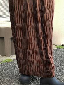 FRIFUL 女士休闲纯色纹理面料直筒长裙，秋冬 - 棕色 - 查看 6