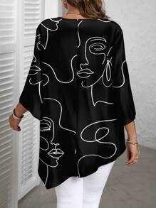 EMERY ROSE Casual Minimalist All-Over Abstract Line Face Print Plus Size Shirt, Suitable For Autumn/Winter