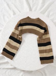 SHEIN Tween Girls Brown Color Stripe Pattern Drop Shoulder Super Crop Y2K Grunge Sweater, Suitable For Daily Wear, Casual Occasion,In Fall/Winter