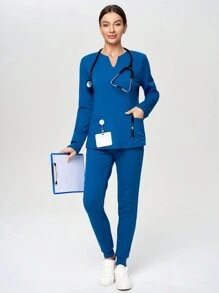 TaskEZ 2 件套女士多口袋长袖上衣和弹力袖口裤子护理手术服套装，适合秋冬季