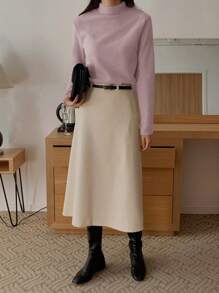 DAZY Áo thun nữ cổ đứng màu trơn, lót nhiệt, áo dài tay cổ lọ thời trang thu đông cho nữ - Bụi tím - Xem 4