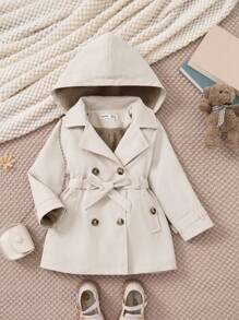 PrepCrw 年轻女孩卡其色抽绳腰部宽松加厚保暖内衬双排扣连帽风衣，秋冬 - 杏色 - 查看 1