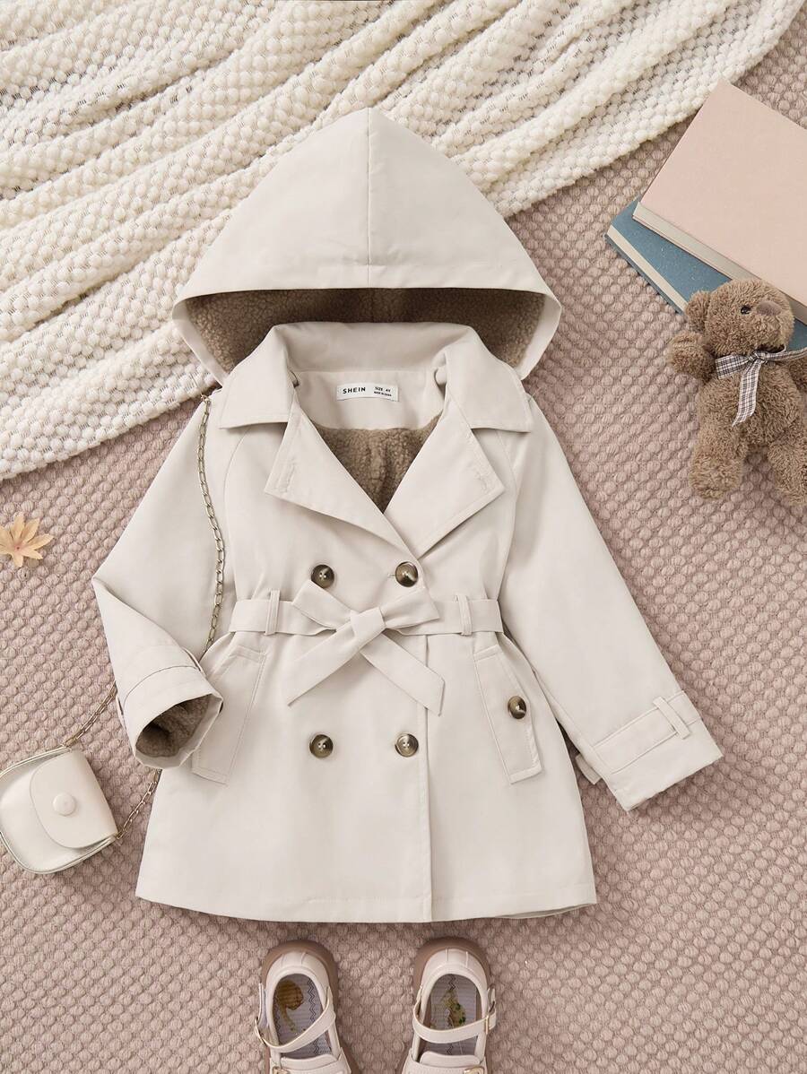 PrepCrw 年轻女孩卡其色抽绳腰部宽松加厚保暖内衬双排扣连帽风衣，秋冬 - 杏色 - 查看 1