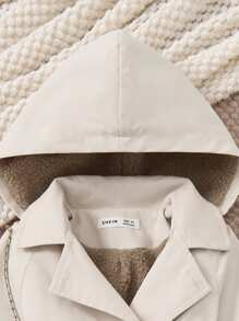 PrepCrw 年轻女孩卡其色抽绳腰部宽松加厚保暖内衬双排扣连帽风衣，秋冬 - 杏色 - 查看 5