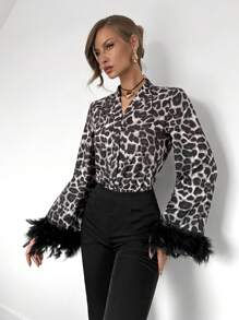 Chiquease Women V-Neck Button-Down Elegant Leopard Print & Feather Patchwork Bodysuit Fall Cloth For Women - Multicolor - View 5