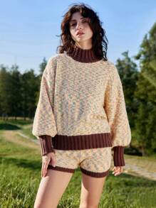 Skyraze Women's Mixed Yarn Waist Tie Color Block Knitted Shorts