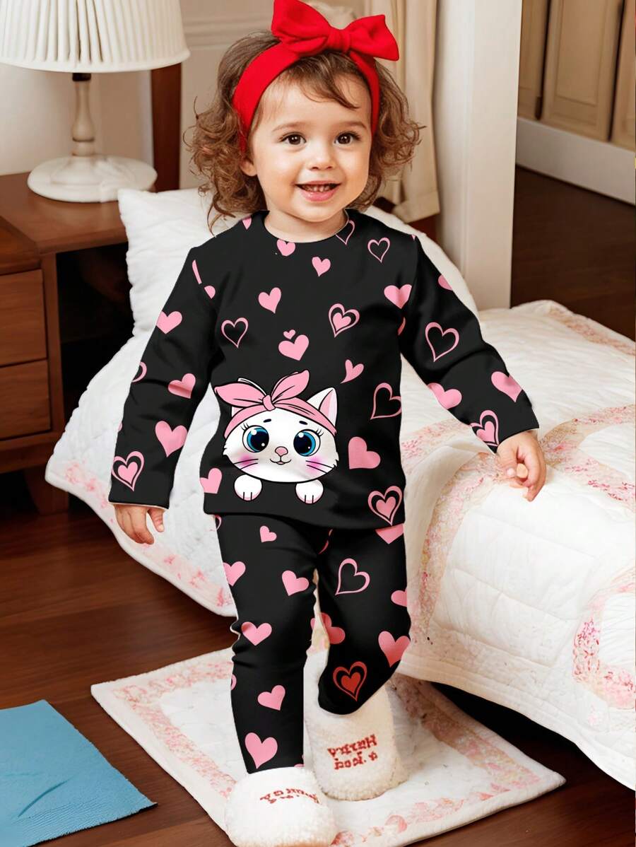 SHEIN Baby Girl Cute Pink Heart & Cat Print Casual Comfy Long Sleeve Top & Pants Snug Fit Loungewear Set - Multicolor - View 1