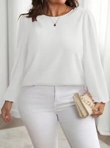 Juhart Áo cánh tay đèn lồng cổ tròn màu trơn cỡ lớn cho nữ, mùa thu - trắng - Xem 3