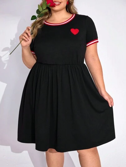 SHEIN CURVE+ CURVE PLUS /Valentine's Day/Plus Size Women's Heart Embroidery Contrast Edge Dress,Casual Dress In Stretch Fabric, Valentine's Day Dress, For Summer