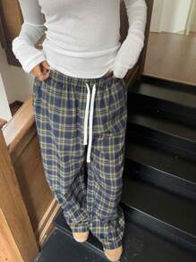 SHEIN EZwear Women's Plaid Pattern Wide Leg Color Blocking Comfortable Pants, Suitable For Autumn/Winter Suitable For Going Out - Multicolor - View 4