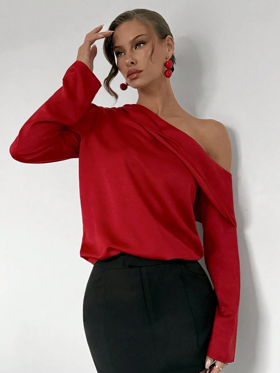 SHEIN Unity 纯色不对称领缎面办公室正式长袖衬衫新年衣服单肩上衣 - 紅色 - 查看 1