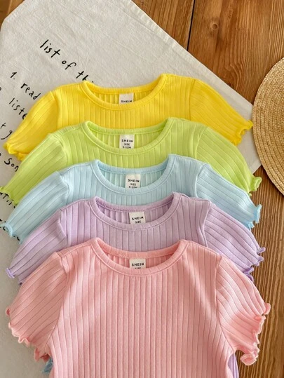 SHEIN LMoss Kids 5件套女童夏季可爱罗纹纯色荷叶边下摆短袖上衣
