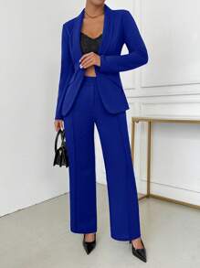 SHEIN SXY Women's Elegant Single-Breasted Notch Lapel Blazer Jacket And Pants Set Office Wear Women In Fall/Winter - Royal Blue - View 5
