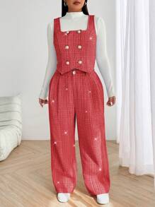 Flirla Plus Size Sleeveless Contrast Color Lapel Button Woolen Vest & Pants Suit, Casual, Work, Party, Date Elegant Outfit For Autumn/Winter For New Year Clothes