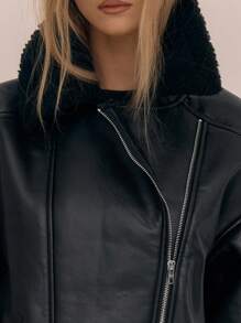 MUSERA Faux Leather Fur Trim Aviator Jacket - Black - View 3