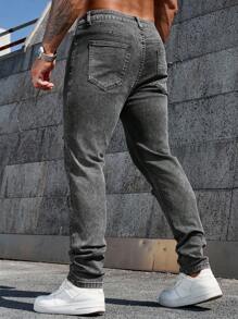 Manfinity Homme Men's Front Button Pocket Distressed Casual Denim Jeans - Dark Grey - View 2