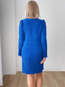 EMERY ROSE 蓝色纹理面料，小缺口 V 领，秋季女装 - 寶藍色 - 查看 2