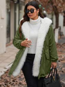 Calvaya Chaqueta de forro polar de manga larga con cintura ajustada, estilo patchwork y peluda, talla grande