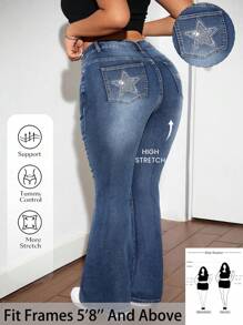 SHEIN Tall CURVE Plus Size Women's Rhinestone Star Print Pocket Stretch Flare Leg Jeans, Blue - Blue - View 1