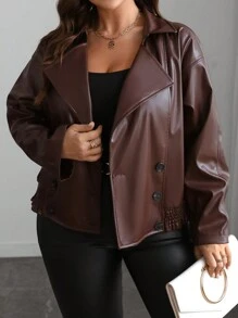 Flirla Plus Size Women Elegant Casual Commuter Solid Color Notched Collar Double-Breasted With Pockets Hem PU Jacket - Maroon - View 5