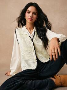 Poéselle Damski swobodny kontrastowy kolor wykończenia Hollow Knit sweter kamizelka na jesień