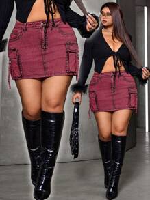 SHEIN ICON Red Plus Size Denim Skirt Tight Stretch Mini Skirt Merry Christmas Skirt - Red - View 1