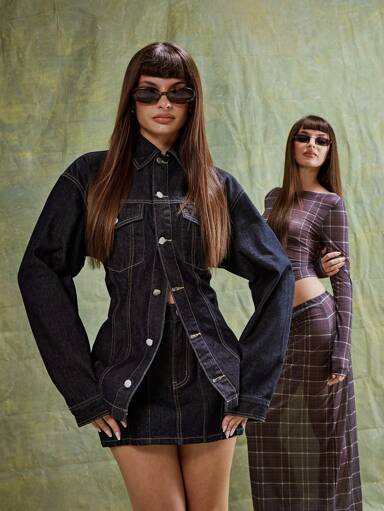 MUSERA Camisa vaquera con botones, cintura ceñida y pespuntes contrastantes, estilo primaveral de los 90s y Y2K, ideal para conciertos, festivales, raves, otoño, invierno, Nashville, Oasis, uso casual, oficina, Navidad, Acción de Gracias, elegante