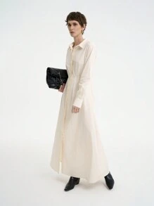 Aalyst Women's Simple Solid Color Casual Commuter Waist Ruched Design A-Line Long Sleeve Shirt Dress - Apricot - View 6