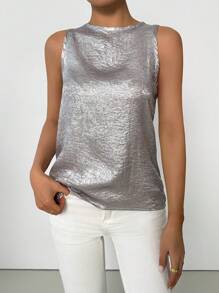 SHEIN Clasi Summer Fashion Solid Textured Tank Top - Silver - View 6