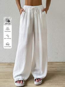 SHEIN EZwear Pantalones largos de mujer de unicolor con nudo a la cintura