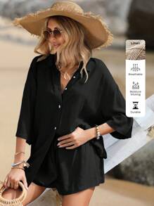 SHEIN VCAY Completo Da Donna Con Camicia E Pantaloncini Tinta Unita - nero - Visualizzare 7