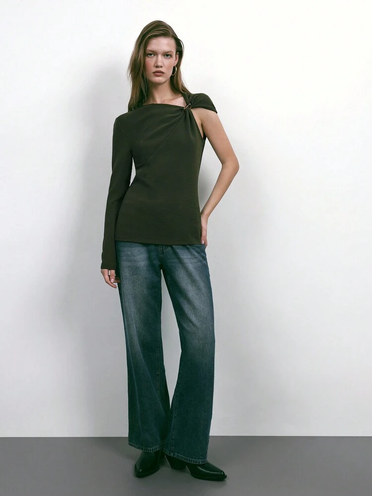 SHEIN Maija New Autumn/Winter Urban Chic Elegant Casual Vintage Outdoor Ladies Green Asymmetrical Design Blouse