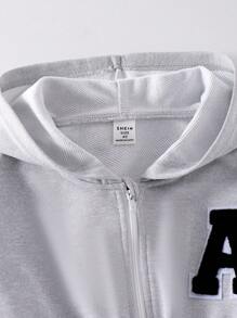 SHEIN Young Girl Casual Everyday Sporty Hooded Full Zip Long Sleeve Jumpsuit, Gray, Comfortable Waist Drawstring Simple Leisure Jumpsuit, Autumn Summer Holiday - Grey - View 6