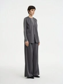 SHEIN LUNE Bộ đồ vest sọc không tay cổ chữ V thời trang công sở giản dị cho nữ và quần ống rộng - Màu xám đen - Xem 3