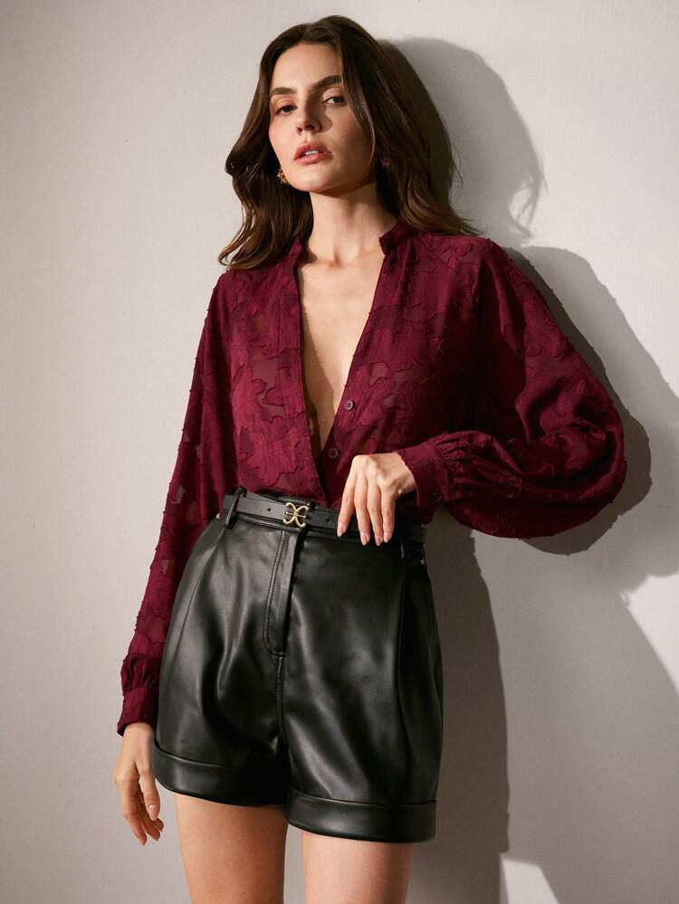 Women's Burgundy V-Neck Stand Collar Long Sleeve Casual Cutwork & Jacquard Sheer Elegant Blouse, Suitable For Autumn, Winter, Christmas, New Year, Thanksgiving Party