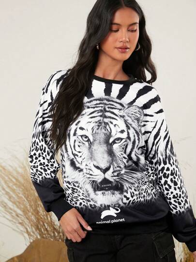 Animal Planet X SHEIN Women's Casual Streetwear 3D Tiger & Leopard Patchwork Print Loose Fit Sweatshirt