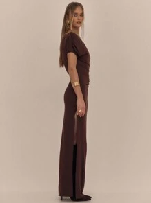 MUSERA 不对称肩部褶皱侧开衩长裙，春季浪漫生日舞会婚礼宾客毕业典礼假期伊比沙岛海滩音乐节秋季婚礼宾客，优雅，适合秋冬季