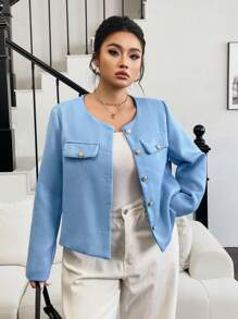 SHEIN Clasi Damen Große Größen Jacke mit Metallknopf-Dekor in Unifarbe, Langarm - Blau - Übersicht 1