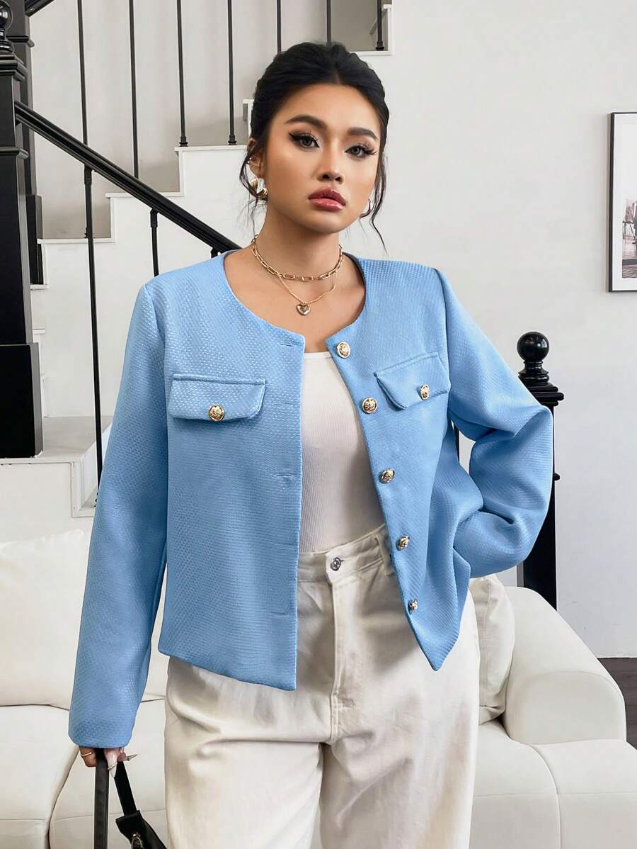 SHEIN Clasi Damen Große Größen Jacke mit Metallknopf-Dekor in Unifarbe, Langarm - Blau - Übersicht 1