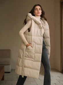 Anewsta Thick Long Sleeveless Waist-Drawn Horizontal Seam Vest Women's Coat