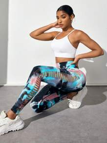 SHEIN Sport Studio Tie Dye Mesh High Waist Tight Yoga Leggings, Suitable For Yoga And Exercise