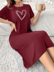 Women's Crew Neck Short Sleeve Casual Minimalist Heart Print Nightgown, Moo Moo - Burgundy - View 1