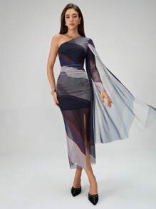 Chiquease 女士时尚百搭网眼印花单肩紧身开衩中长连衣裙 - 彩色 - 查看 3