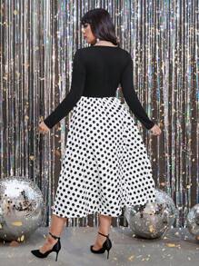 Franclia Plus Size Women Vintage Polka Dot Long Sleeve Dress, Black And White, Autumn