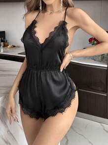 Contrast Eyelash Lace Backless Satin Sleep Romper - Black - View 6