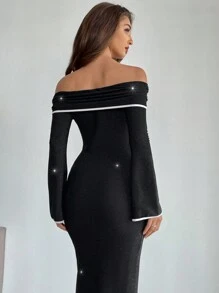 Firerie Falda de cola de sirena extra larga de spandex con hombros descubiertos en diseño de empalme, sexy y elegante para fiestas, de tela brillante - Negro - Ver 7