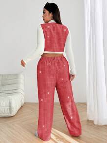 Flirla Plus Size Sleeveless Contrast Color Lapel Button Woolen Vest & Pants Suit, Casual, Work, Party, Date Elegant Outfit For Autumn/Winter For New Year Clothes