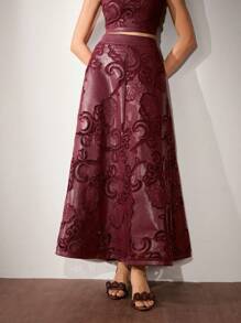 Anewsta Falda midi elegante de cintura alta en A con bordado de PU, burdeos